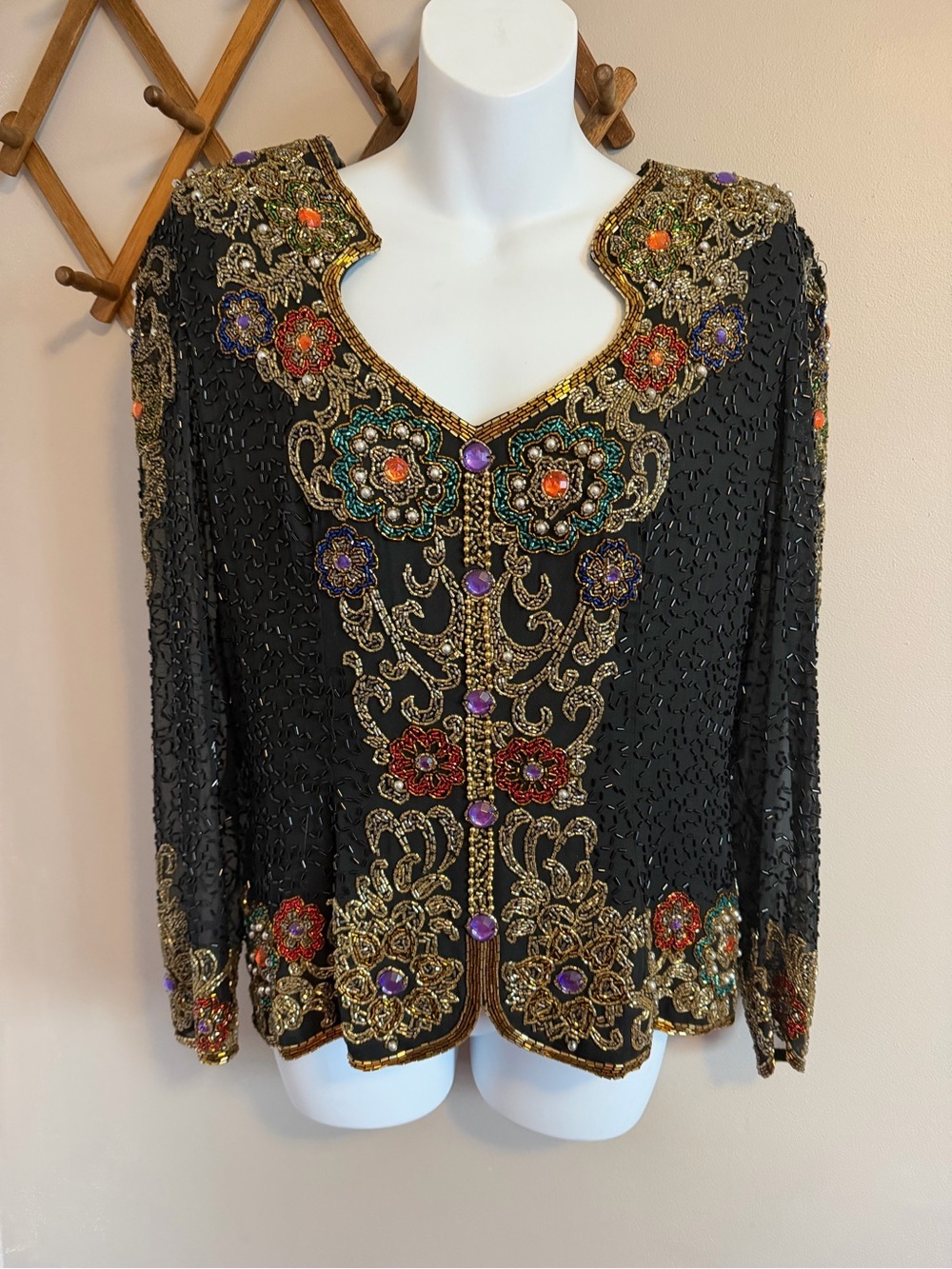 Vintage Black Tie He-Ro Industries Silk Beaded Sequin Evening Jacket Top L
